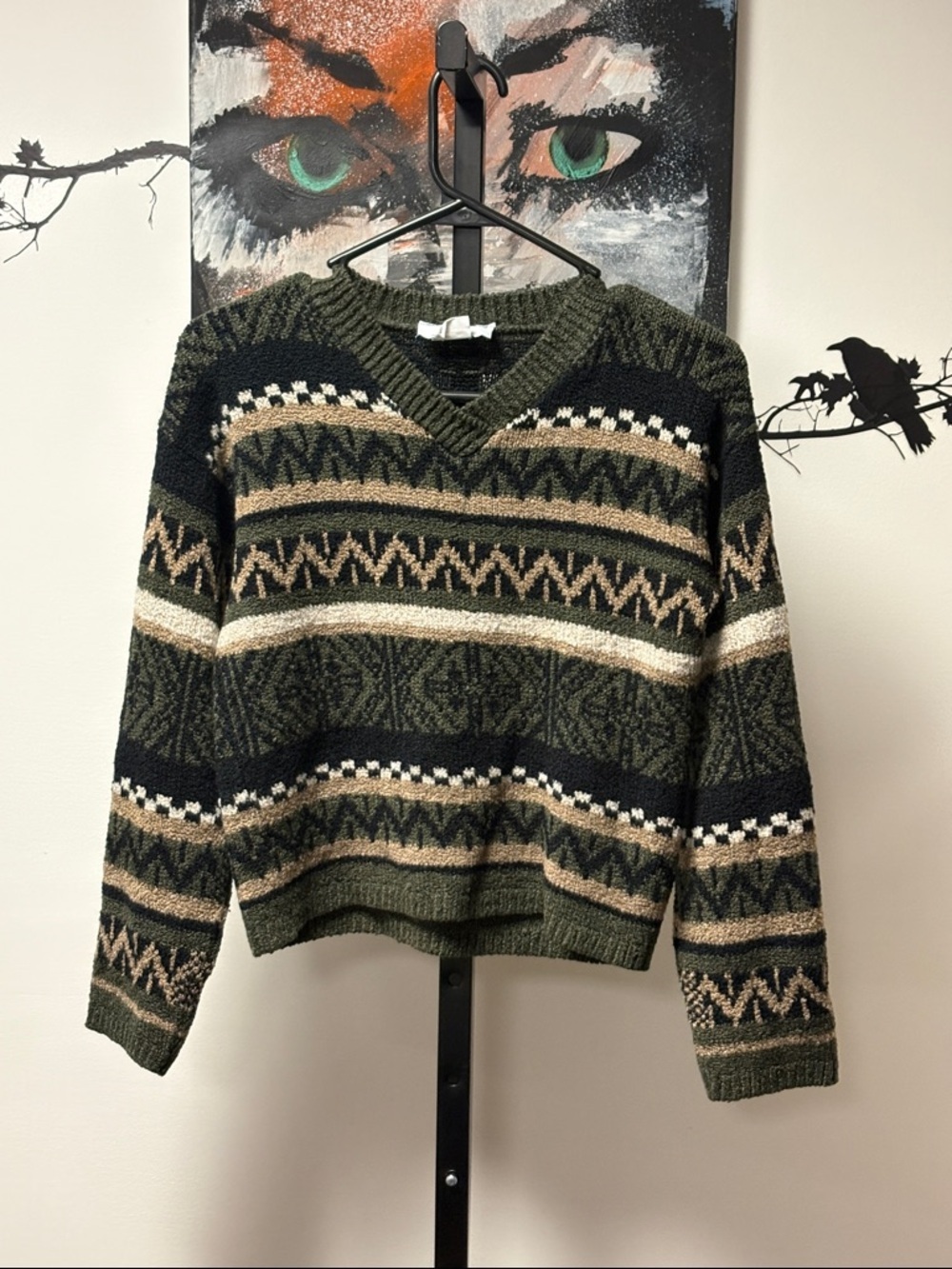 Kathy Ireland 90s V-Neck Fair Isle Knit Sweater in Olive, Black & Tan Size Small